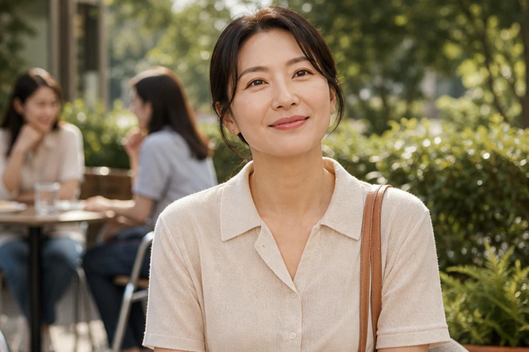 야외 카페에 앉아 미소 짓는 여성의 모습