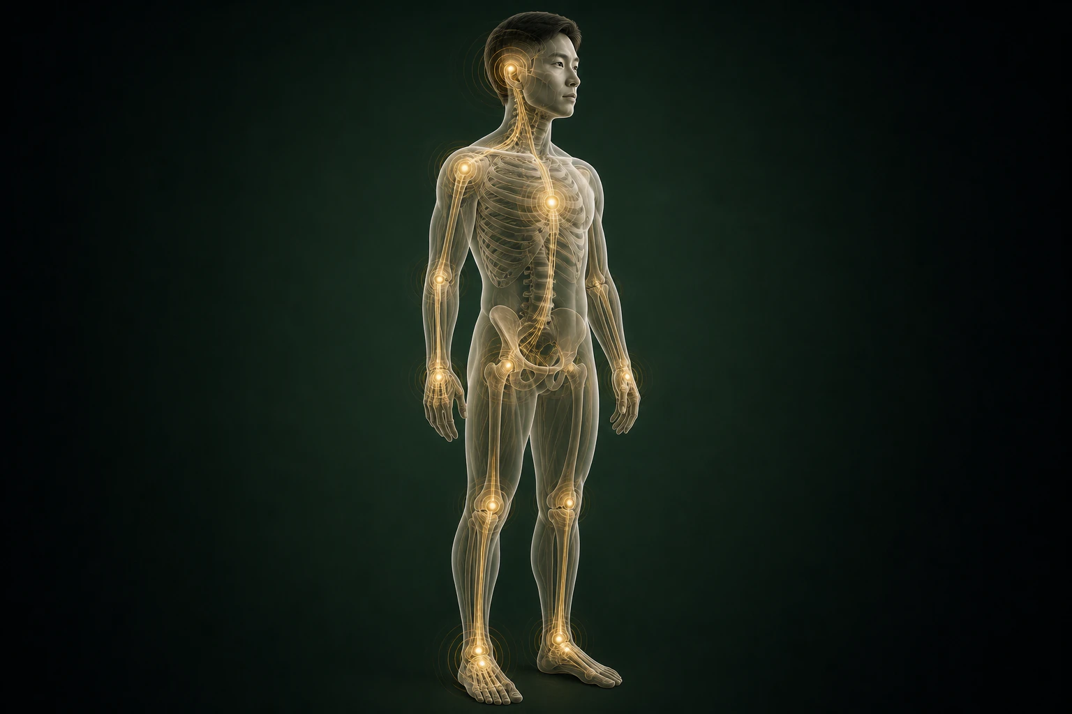 태선와 관련된 구조의 흐름을 전신 맥락에서 보여 주는 반투명 3D 의료 렌더