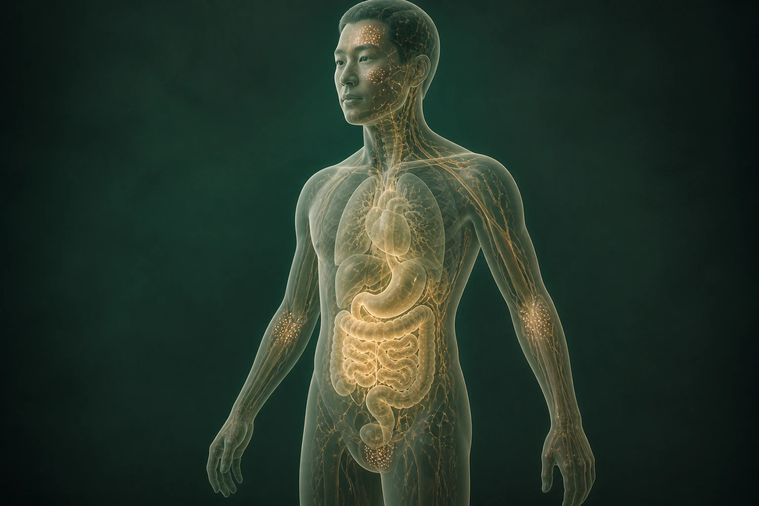 결절성 양진과 관련된 물질의 흐름을 전신 맥락에서 보여 주는 반투명 3D 의료 렌더