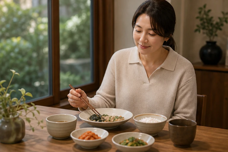 창가 식탁에서 밥과 반찬을 먹는 여성