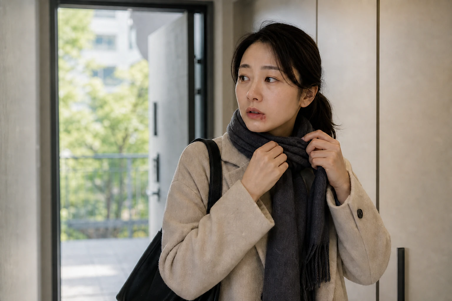 약속에 나서려다 입술 가장자리 헤르페스 통증 때문에 목도리를 매다 멈춘 환자