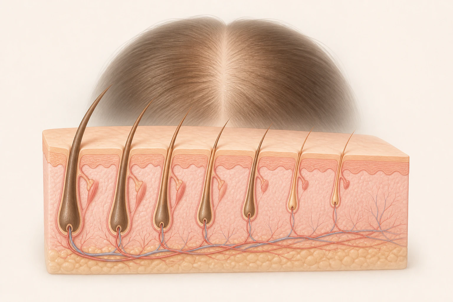 여성형 탈모의 중앙 가르마 확장과 모낭 미니어처화를 보여 주는 3D 의료 이미지