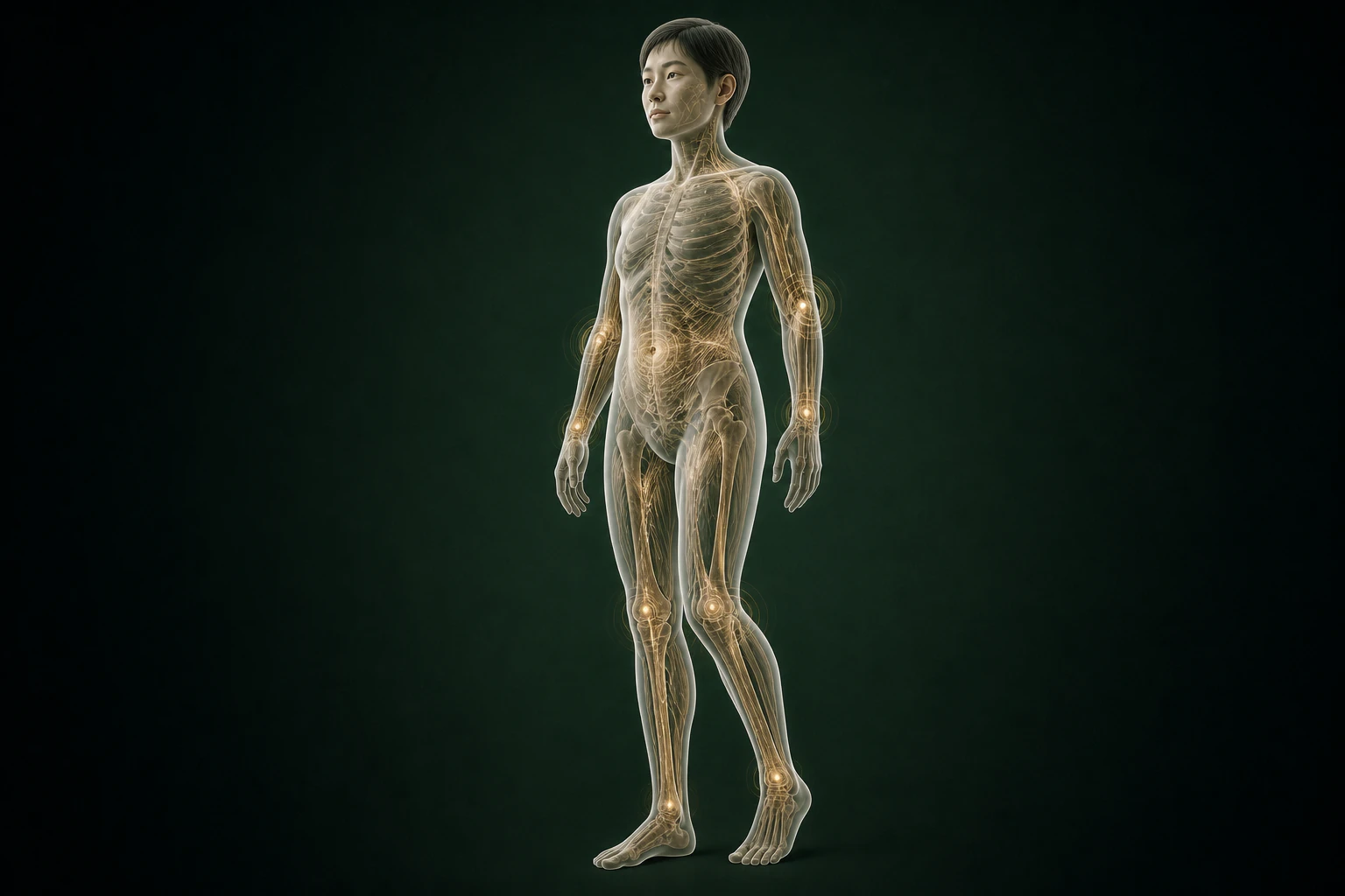 결절성 양진과 관련된 구조의 흐름을 전신 맥락에서 보여 주는 반투명 3D 의료 렌더