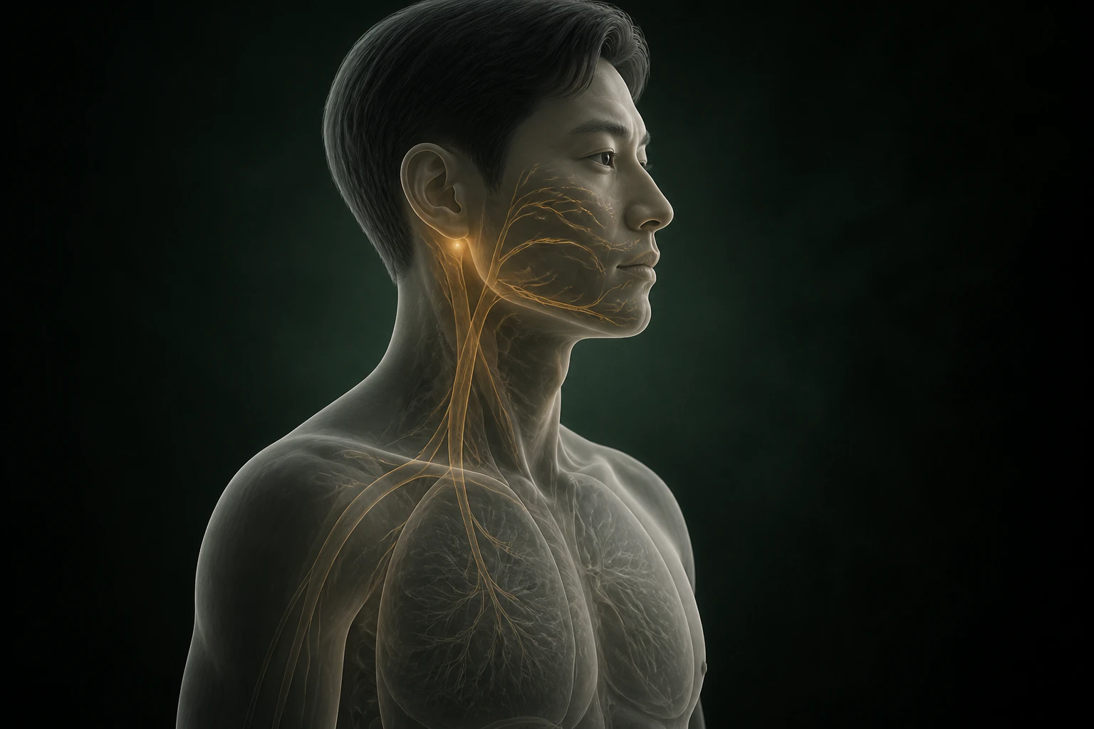 뇌간에서 턱·볼·입술 주변으로 이어지는 감각·자율신경 흐름을 보여 주는 구내염 의료 이미지