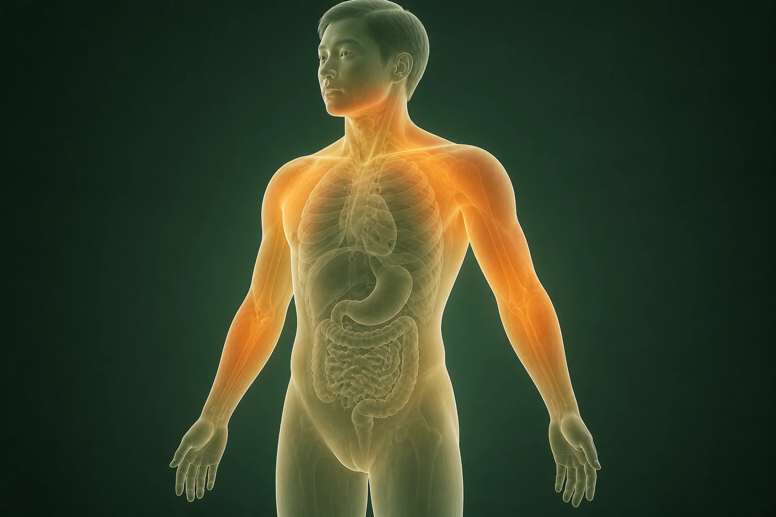 콜린성두드러기와 관련된 열의 흐름을 전신 맥락에서 보여 주는 반투명 3D 의료 렌더