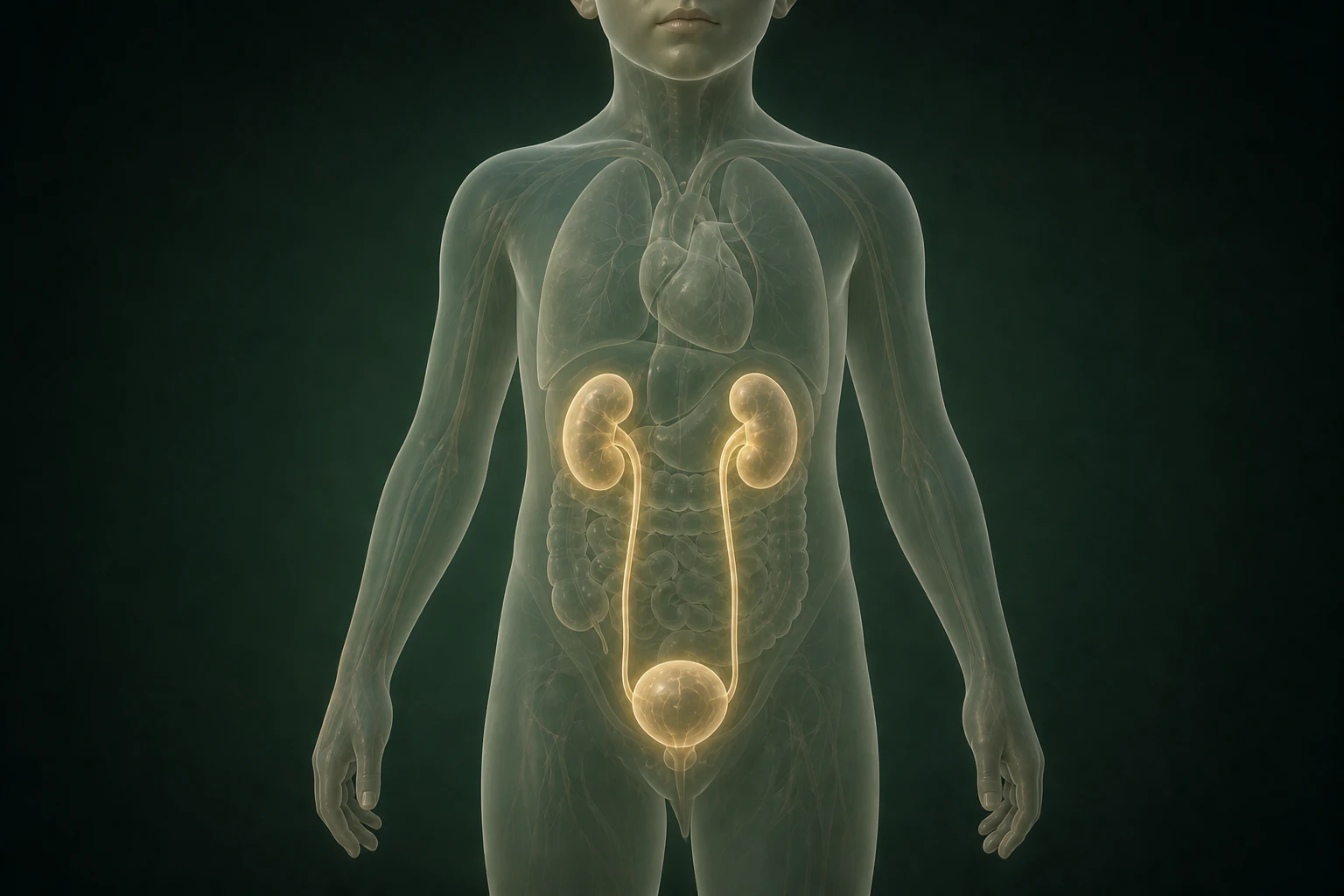 짙은 녹색 배경의 반투명 소아 인체에서 양쪽 콩팥·요관·방광의 물질 흐름을 절제된 금빛으로 보여 주는 의료 이미지