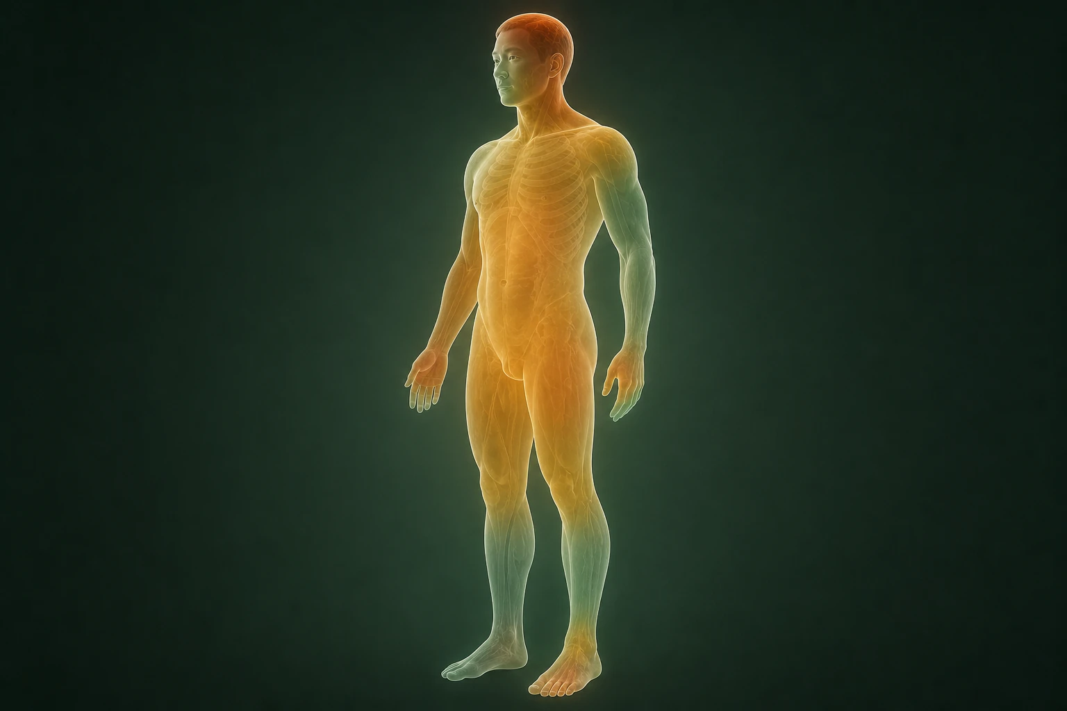 건선와 관련된 열의 흐름을 전신 맥락에서 보여 주는 반투명 3D 의료 렌더