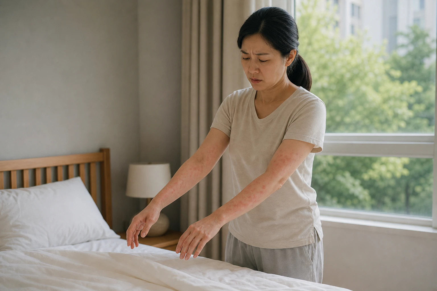 침구를 정리하다 양팔에 갑자기 올라온 두드러기 때문에 집안일을 멈춘 환자