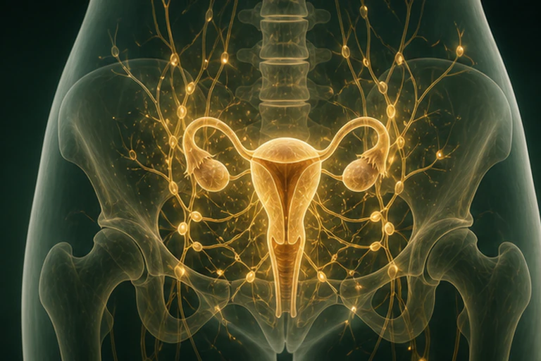골반 안의 자궁·난소와 주변 연결망을 금빛으로 표현한 그림