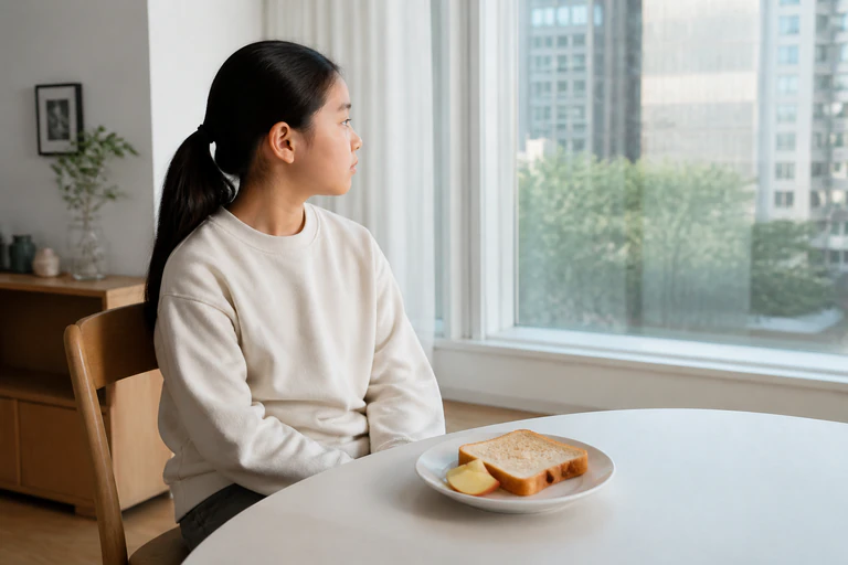 아침 식사를 앞에 두고 먹지 않은 채 창밖만 바라보는 한국인 여아