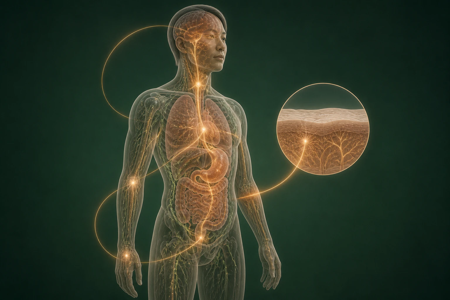 접촉성피부염의 전신 순환치료 구성을 연결해 보여 주는 반투명 3D 의료 렌더