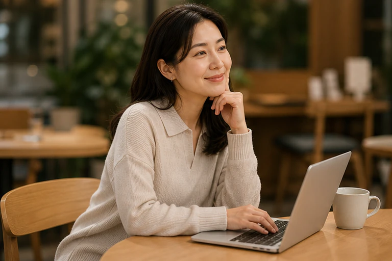 카페에서 노트북을 앞에 두고 앉아 있는 여성