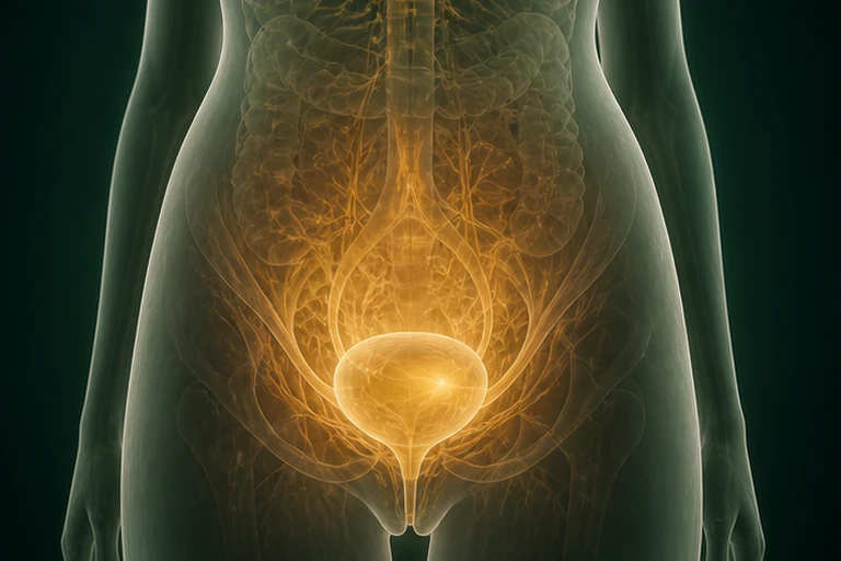 반투명 인체의 아랫배와 방광 주변이 금빛으로 표시된 의학 이미지