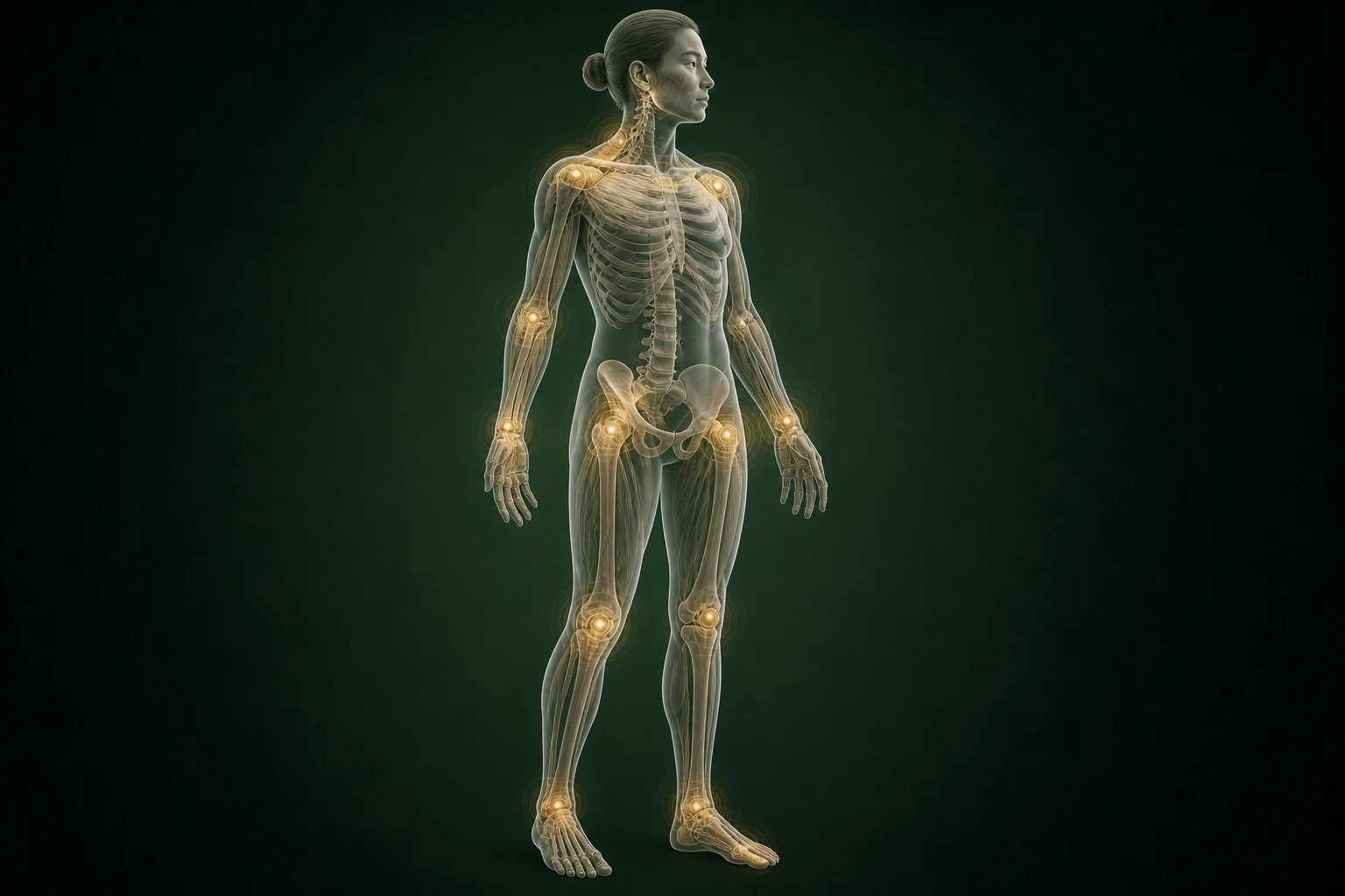 건선와 관련된 구조의 흐름을 전신 맥락에서 보여 주는 반투명 3D 의료 렌더