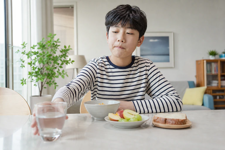 아침 식탁에서 목을 가다듬으며 물컵을 향해 손을 뻗는 한국인 남아