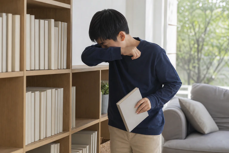 책을 정리하다 반복되는 기침을 팔꿈치로 가리는 한국인 남아