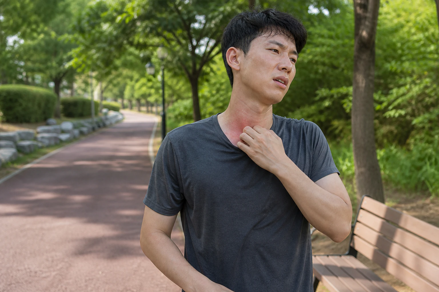 공원에서 달리다 열과 땀 뒤 목의 두드러기 때문에 운동을 멈춘 환자