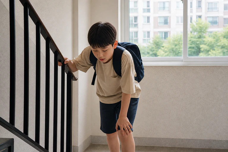 아파트 계단을 오른 뒤 난간을 짚고 숨을 고르는 한국인 남아