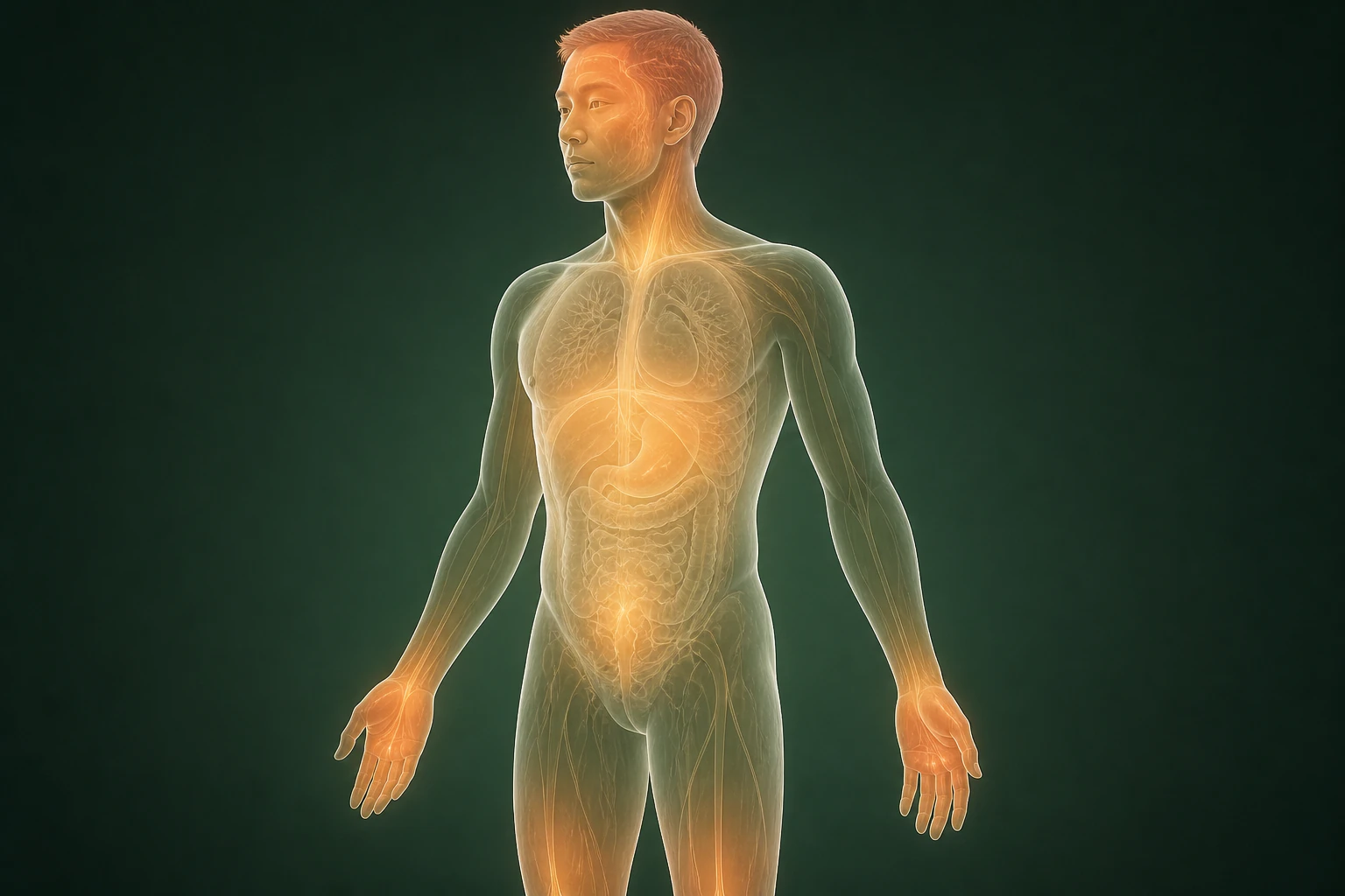 지루성 피부염와 관련된 열의 흐름을 전신 맥락에서 보여 주는 반투명 3D 의료 렌더