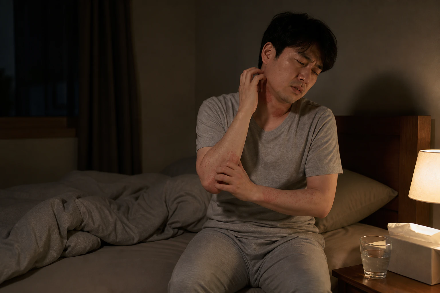 밤중에 목과 팔의 아토피 가려움으로 잠에서 깨어난 성인 환자