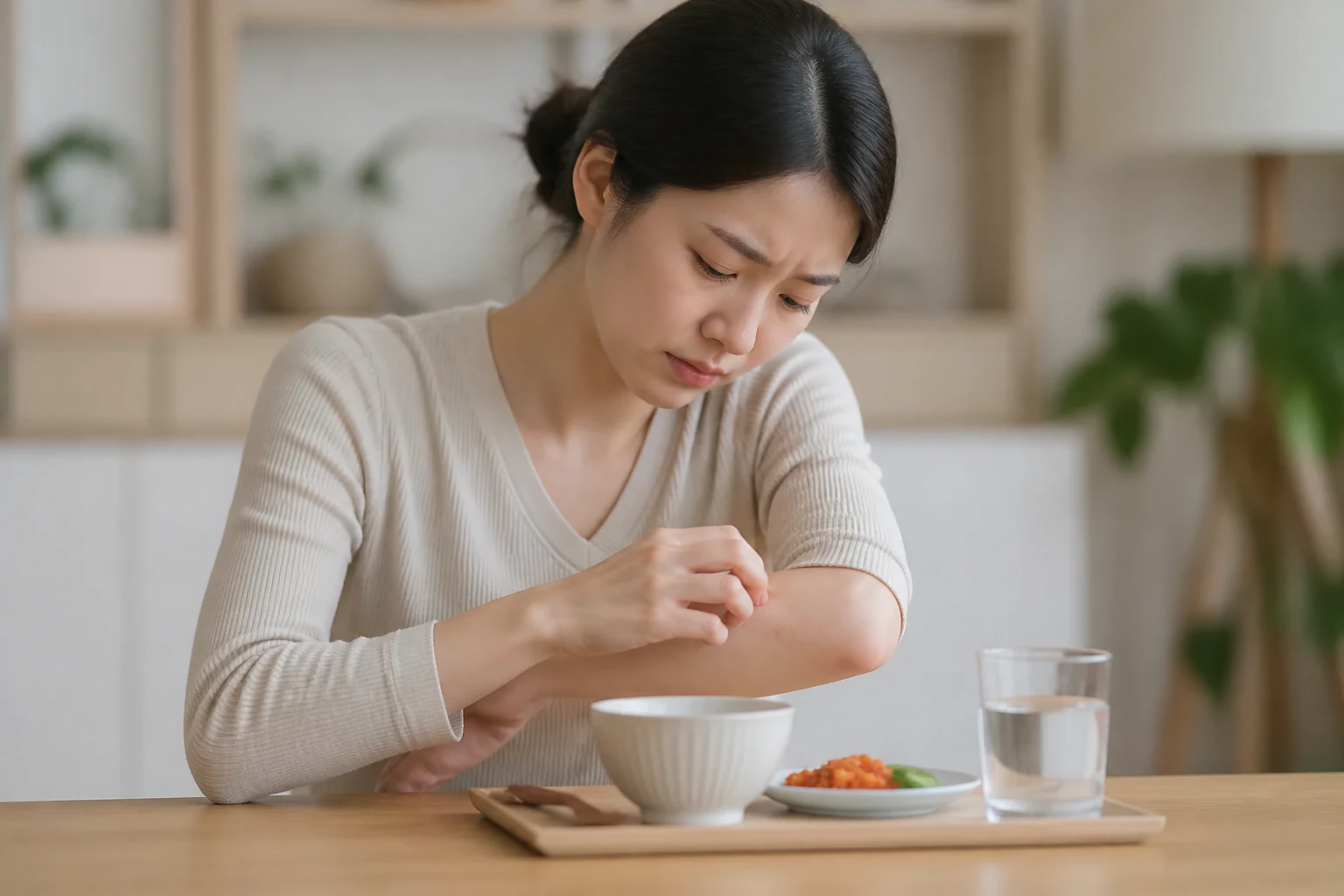 피부 알레르기 증상 때문에 일상에서 불편을 겪는 환자 장면