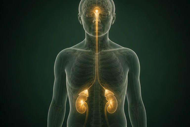 한 임상 마네킹의 시상하부·뇌하수체에서 양쪽 부신으로 이어지는 쿠싱증후군 호르몬 신호의 흐름