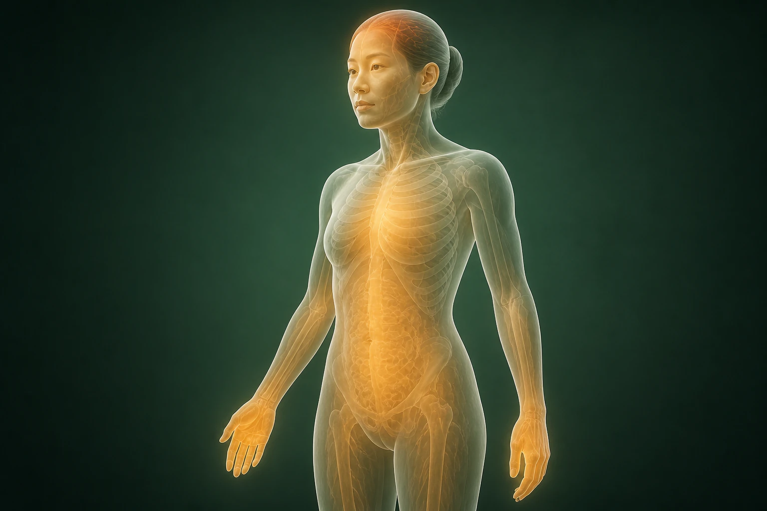 갱년기탈모와 관련된 열의 흐름을 전신 맥락에서 보여 주는 반투명 3D 의료 렌더
