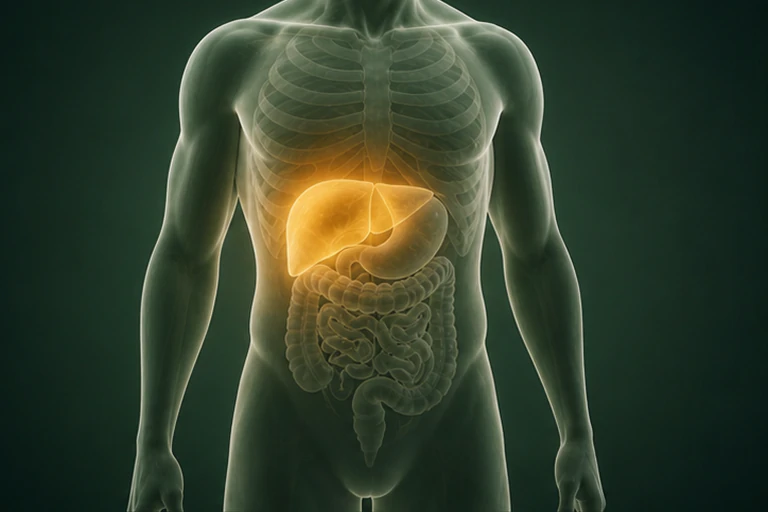 회색 옷을 입은 한 인체의 오른쪽 윗배에 옅은 금빛으로만 나타낸 비알코올성지방간 국소 열 분포