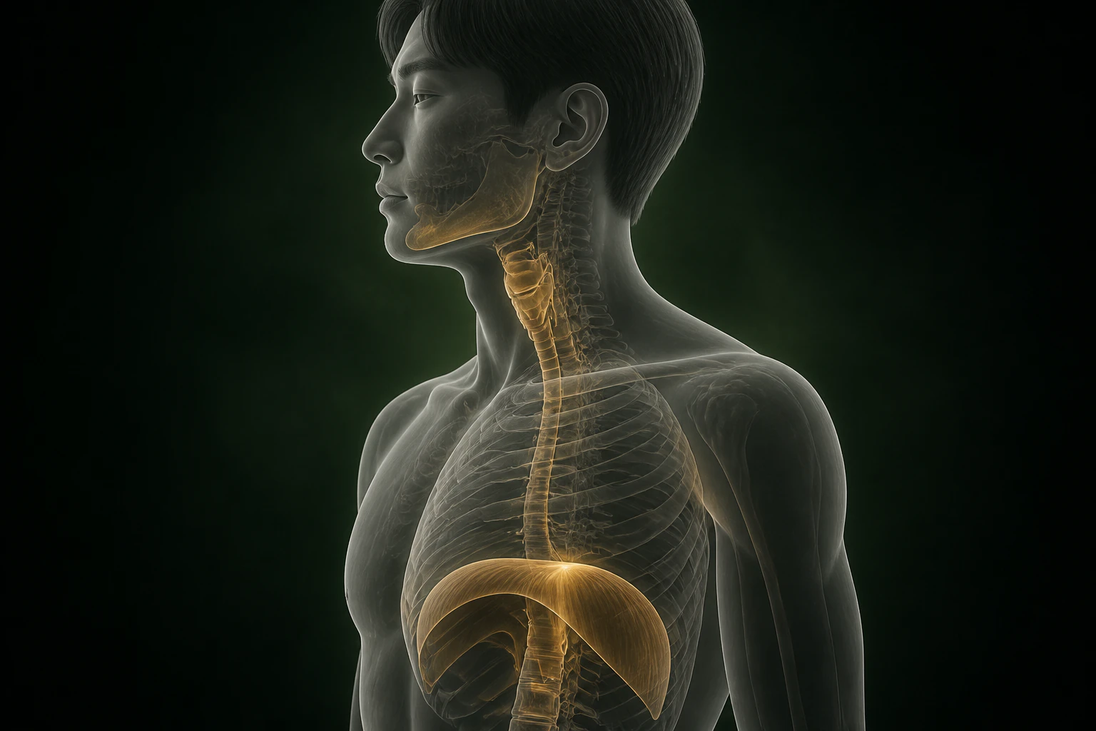 턱·설골·경추·흉곽·횡격막의 구조 연결을 보여 주는 구취 의료 이미지