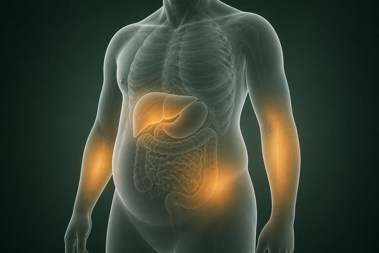 간 주변과 양팔·복부 피부의 국소 열 분포를 보여 주는 3D 의료 렌더
