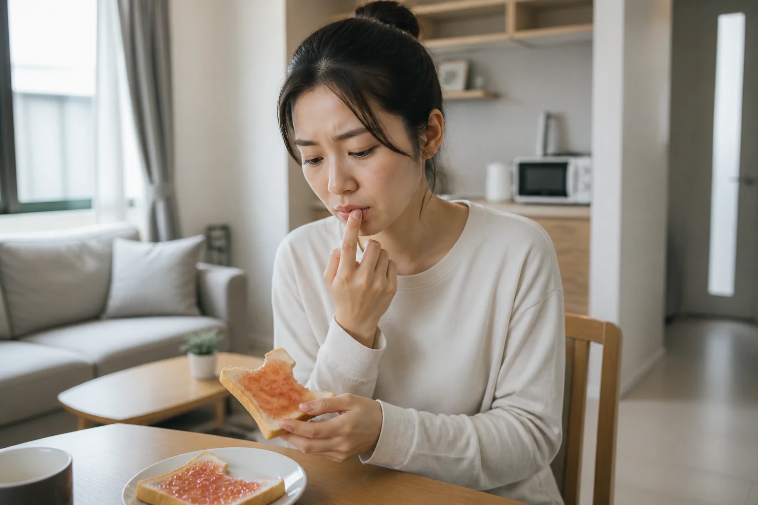 헤르페스 증상 때문에 일상에서 불편을 겪는 환자 장면