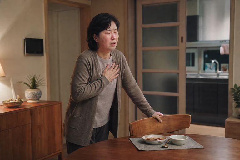 저녁 식탁에서 가슴 답답함으로 손을 얹고 숨을 고르는 한국인 여성