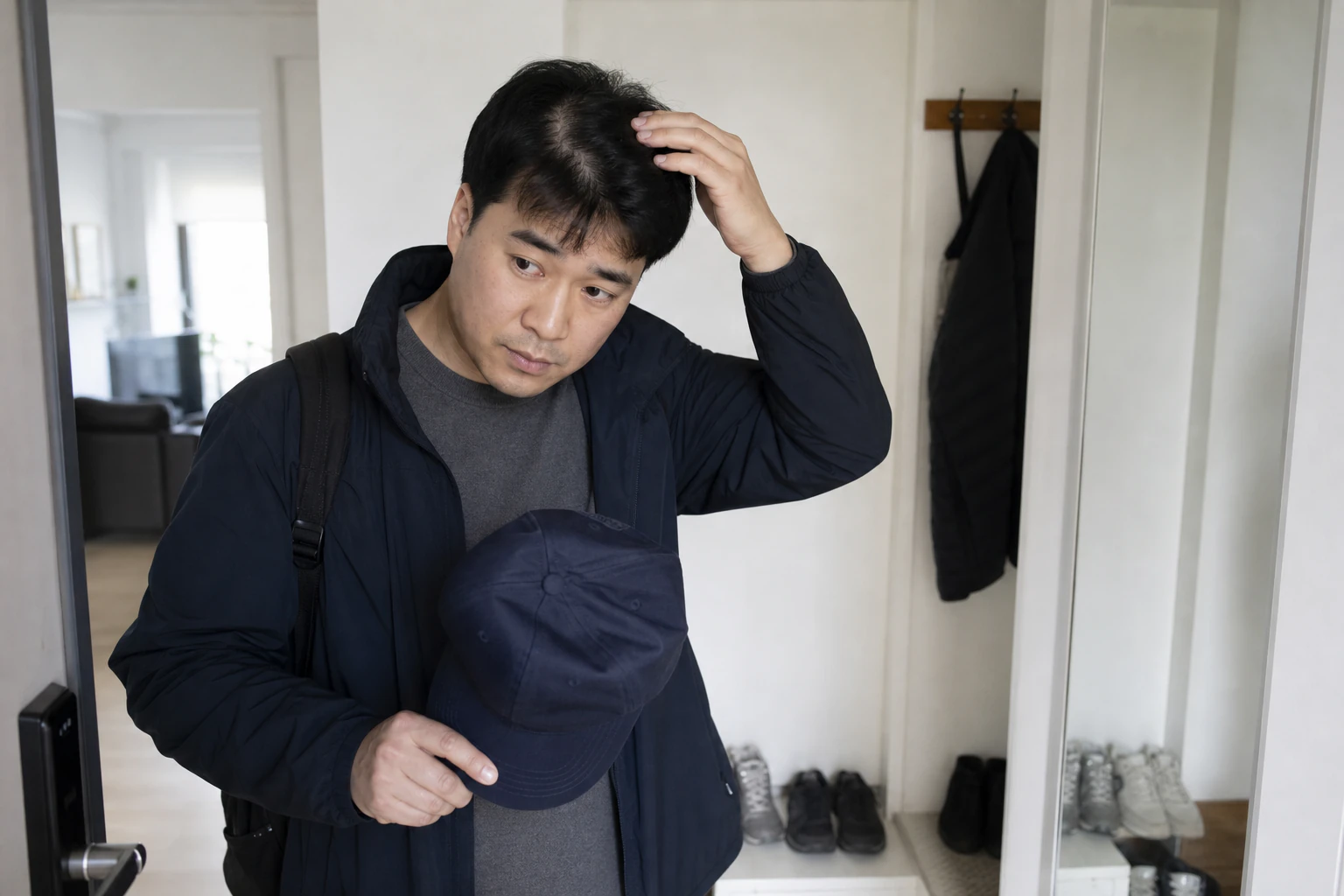 외출 직전 고르지 않은 모발 변화를 느껴 모자를 든 채 멈춘 탈모 환자