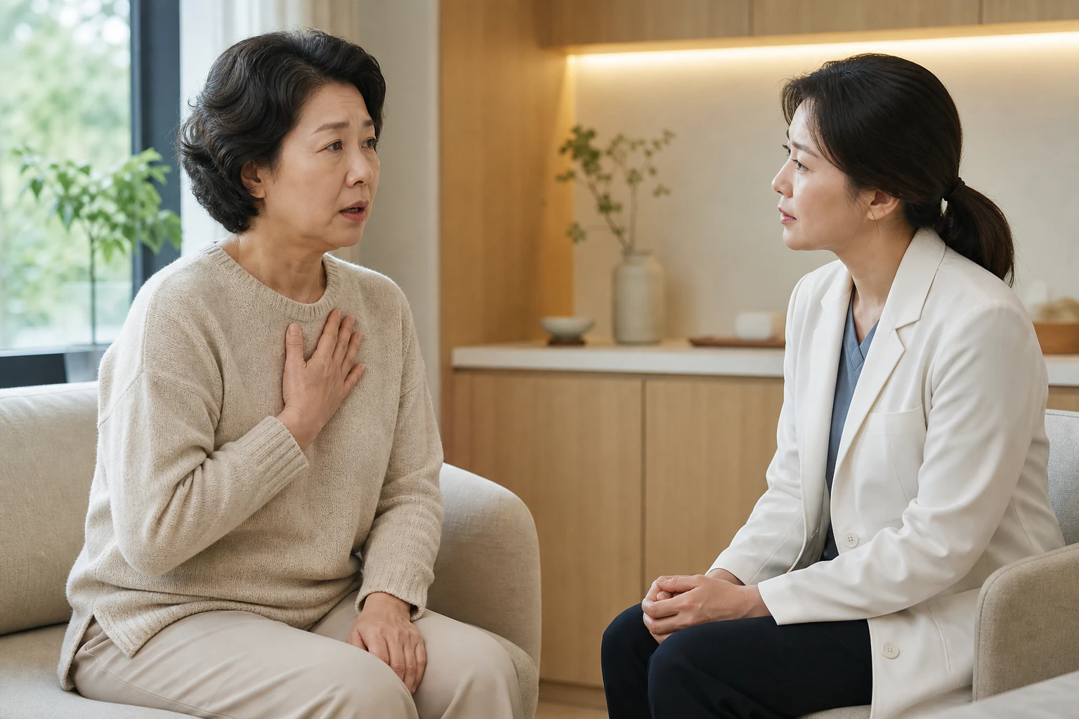 간질성 폐질환으로 겪는 불편을 상담하는 환자와 의료진