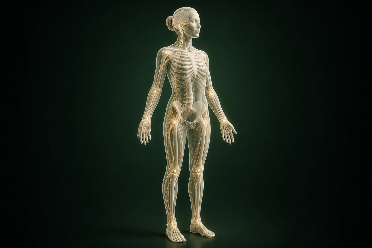 한포진과 관련된 구조의 흐름을 전신 맥락에서 보여 주는 반투명 3D 의료 렌더