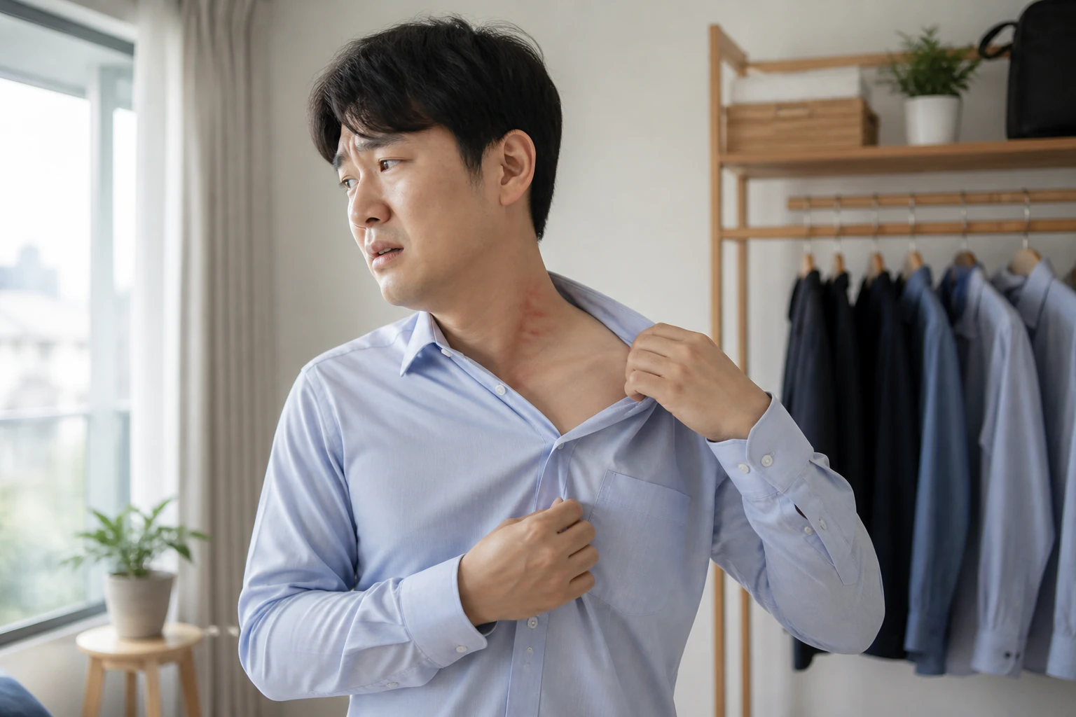 출근 셔츠를 입다 목에 선처럼 올라온 피부묘기증 때문에 멈춘 환자