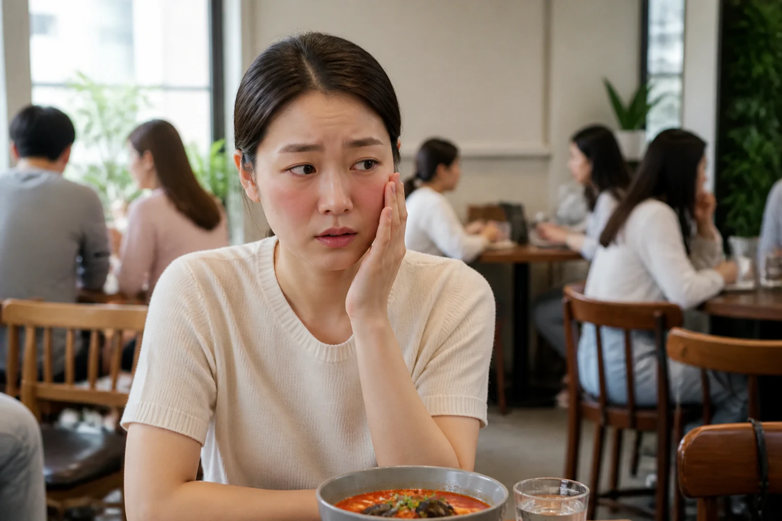 안면홍조 증상 때문에 일상에서 불편을 겪는 환자 장면
