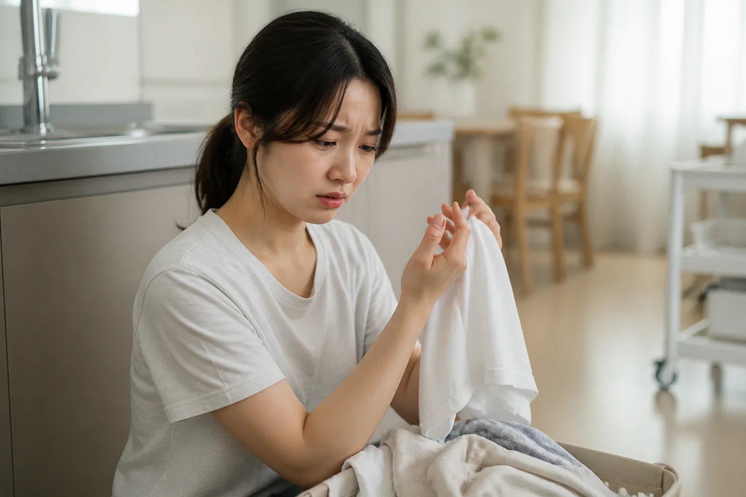 세탁물 옆에서 옷감을 들고 손가락을 살펴보는 여성