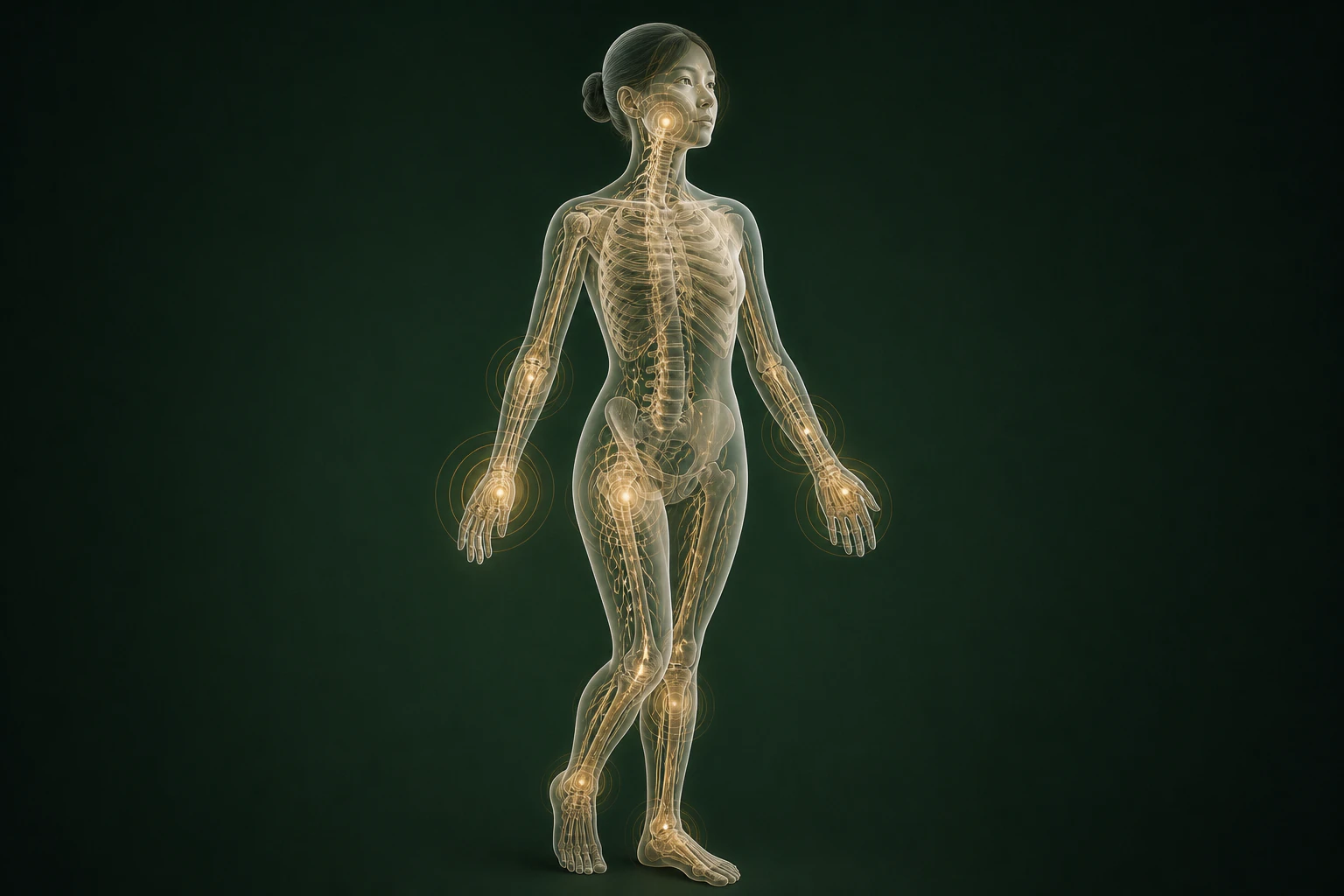 두드러기와 관련된 구조의 흐름을 전신 맥락에서 보여 주는 반투명 3D 의료 렌더