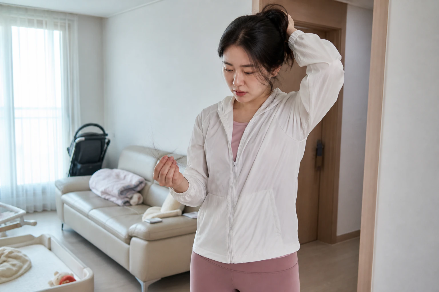 산책 준비 중 머리를 묶다 한 움큼 빠진 모발을 보고 멈춘 산후탈모 환자