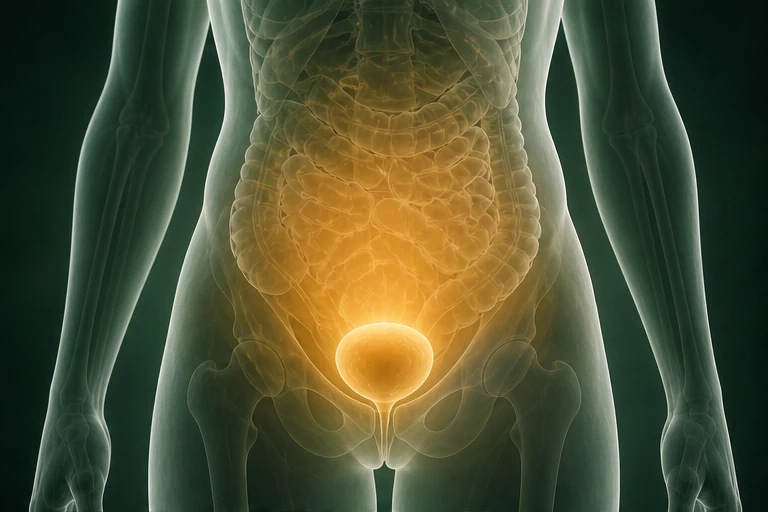 아랫배의 작은 금빛 온도 영역을 표시한 전신 인체 도식