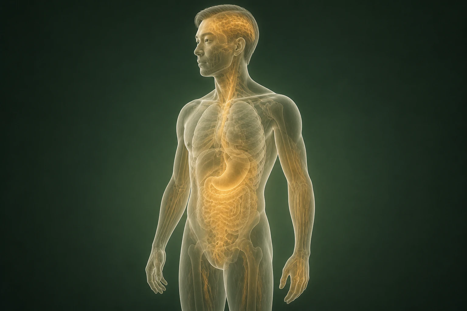 원형탈모와 관련된 열의 흐름을 전신 맥락에서 보여 주는 반투명 3D 의료 렌더
