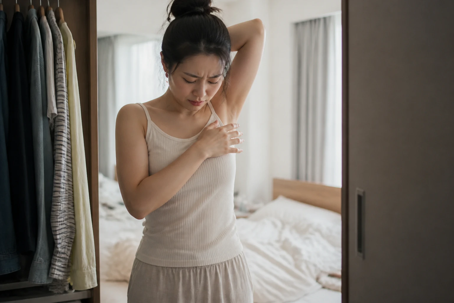화농성 한선염 증상 때문에 일상에서 불편을 겪는 환자 장면