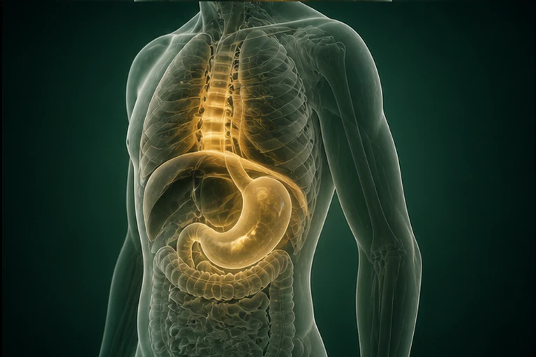 하부 흉추와 갈비뼈·횡격막, 위저부·전정부·유문의 관계를 보여 주는 위마비 구조의 흐름