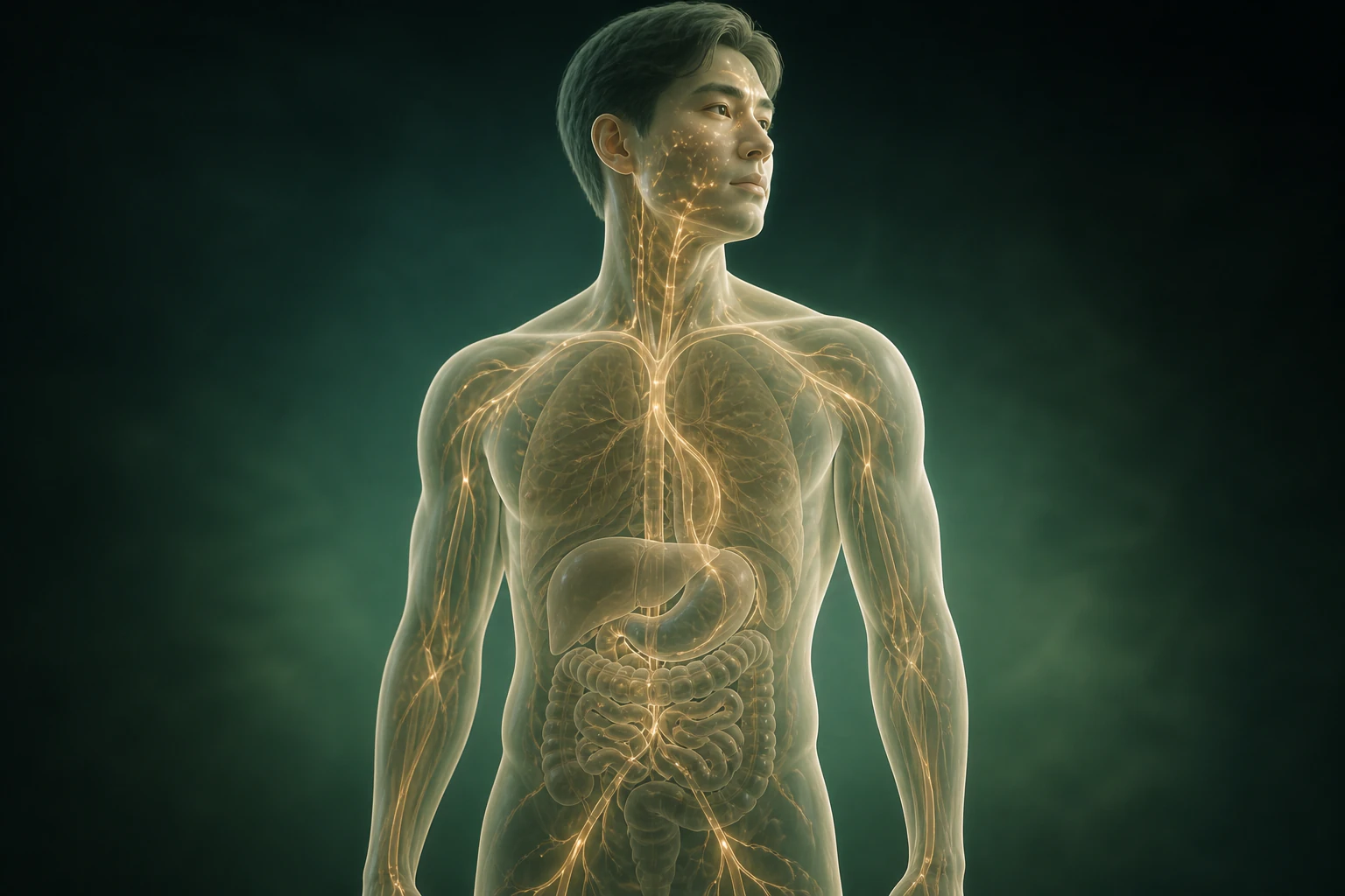 여드름와 관련된 물질의 흐름을 전신 맥락에서 보여 주는 반투명 3D 의료 렌더