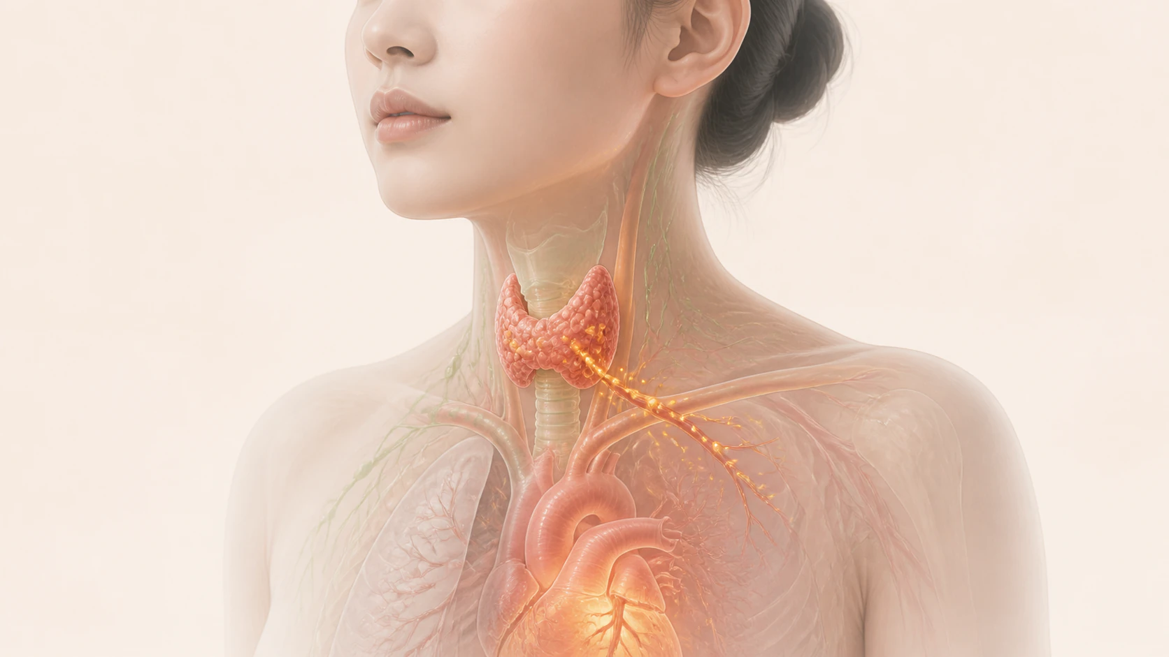 갑상선 세포에서 유출된 저장 호르몬이 혈류를 따라 심장과 전신으로 퍼지는 경로