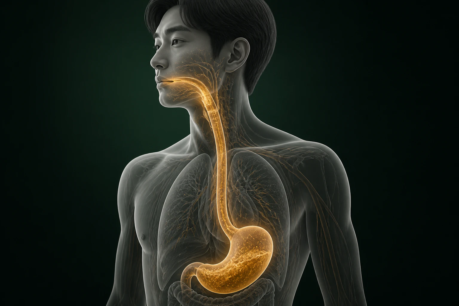 위·식도에서 목과 닫힌 구강까지 이어지는 물질 흐름을 보여 주는 구취 의료 이미지