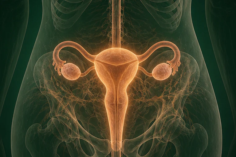 반투명 몸통의 자궁·난소와 주변 연결망을 주황빛으로 표현한 그림