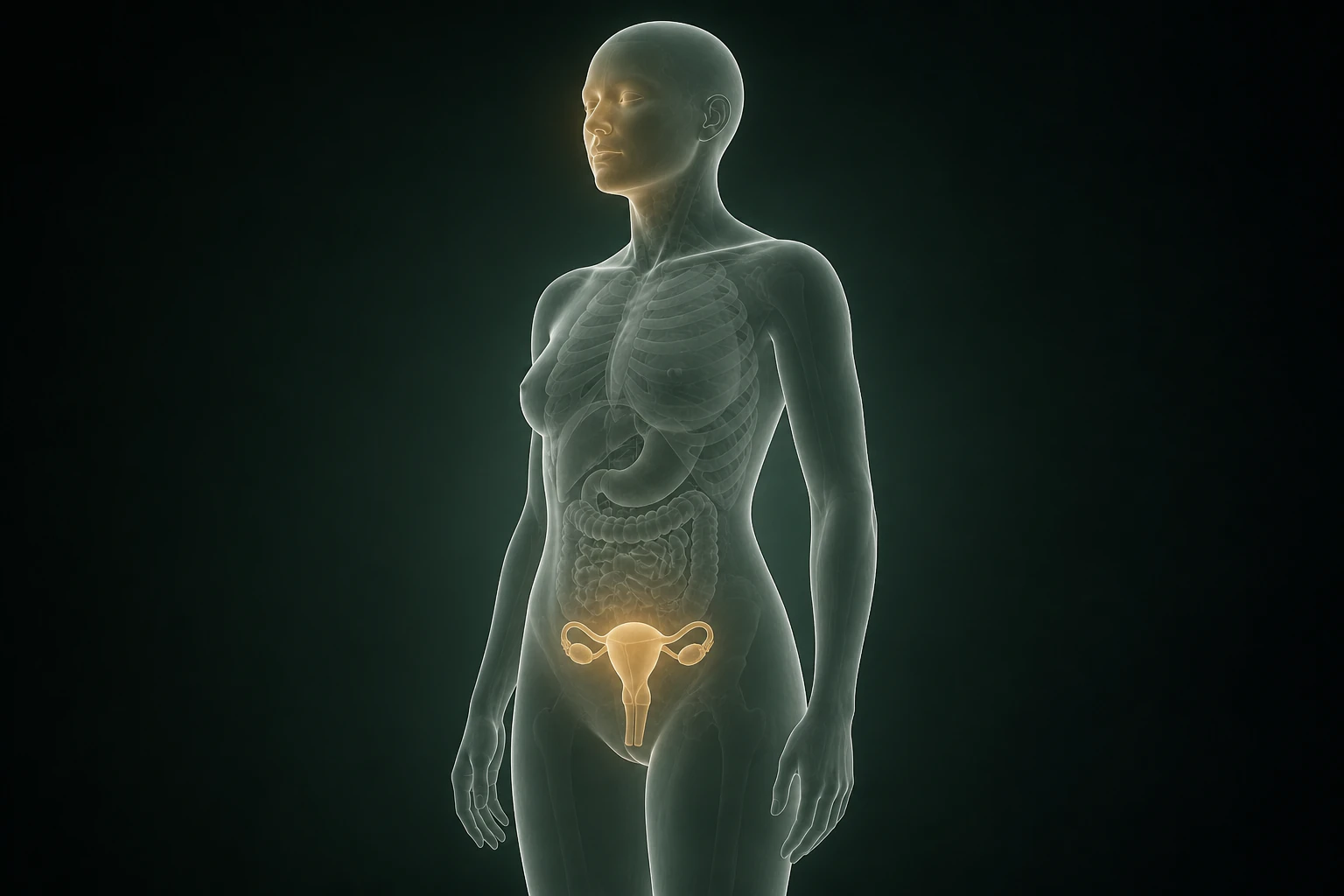 얼굴의 온기와 차가운 손·아랫배, 자궁내막의 한열 차이를 보여 주는 3D 의료 렌더