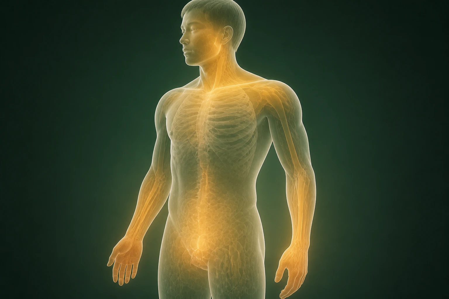 접촉성피부염과 관련된 열의 흐름을 전신 맥락에서 보여 주는 반투명 3D 의료 렌더